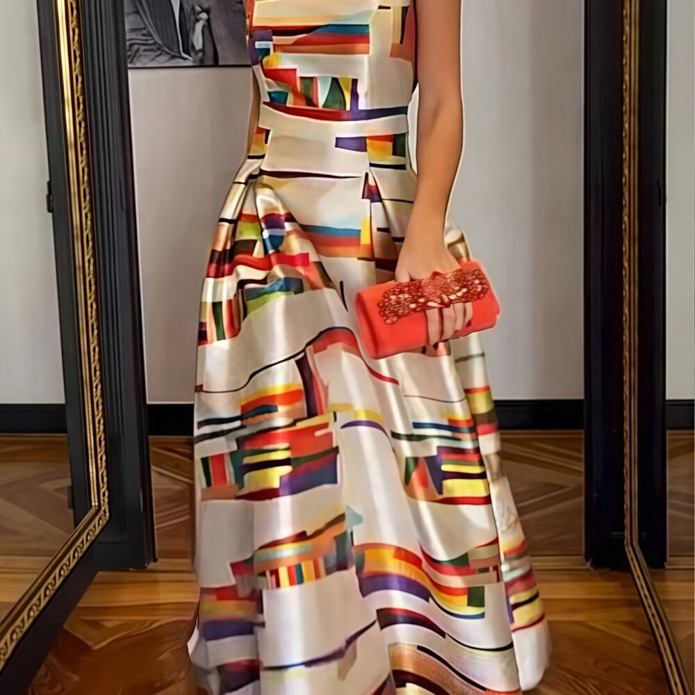 Elegant Boho Geometric Printed Maxi Dress - Boat Neck Sleeveless Backless - Picture 2 of 7